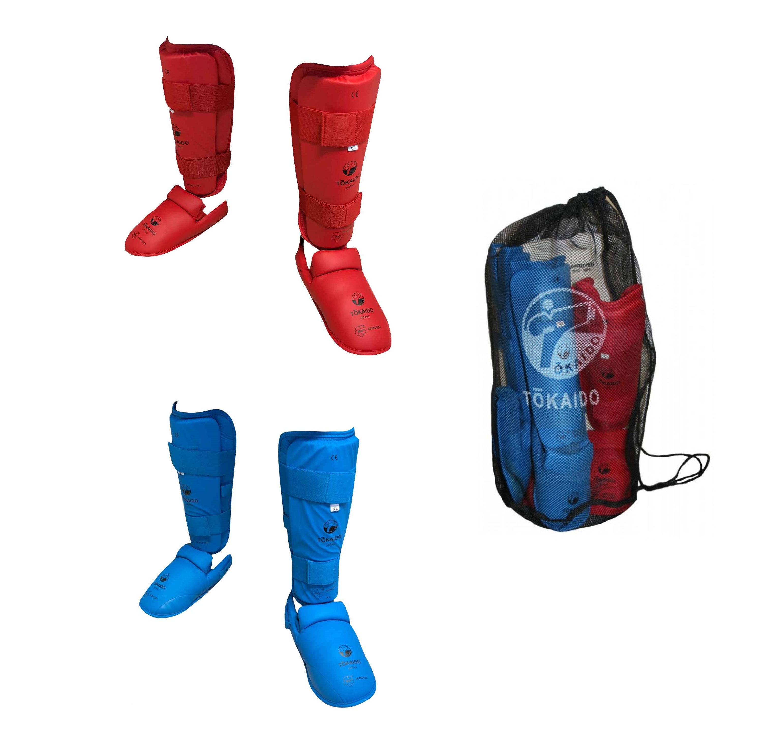 SET Tokaido Schienbein-Spannschutz rot+ blau inkl. Mesh Bag