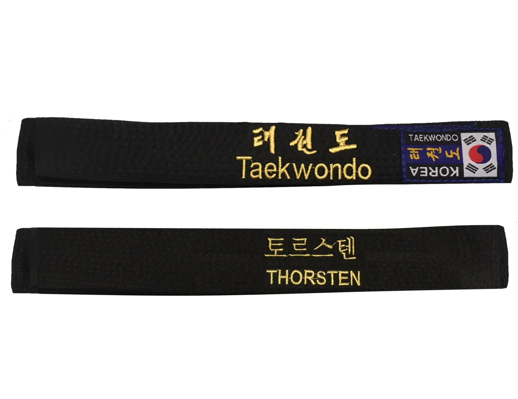Korea Taekwondo Gürtel schwarz mit Bestickung 2-zeilig Taekwondo deutsch-koreanisch