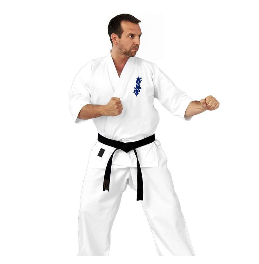 Karateanzug 8oz weiß Kyokushinkai bestickt blau