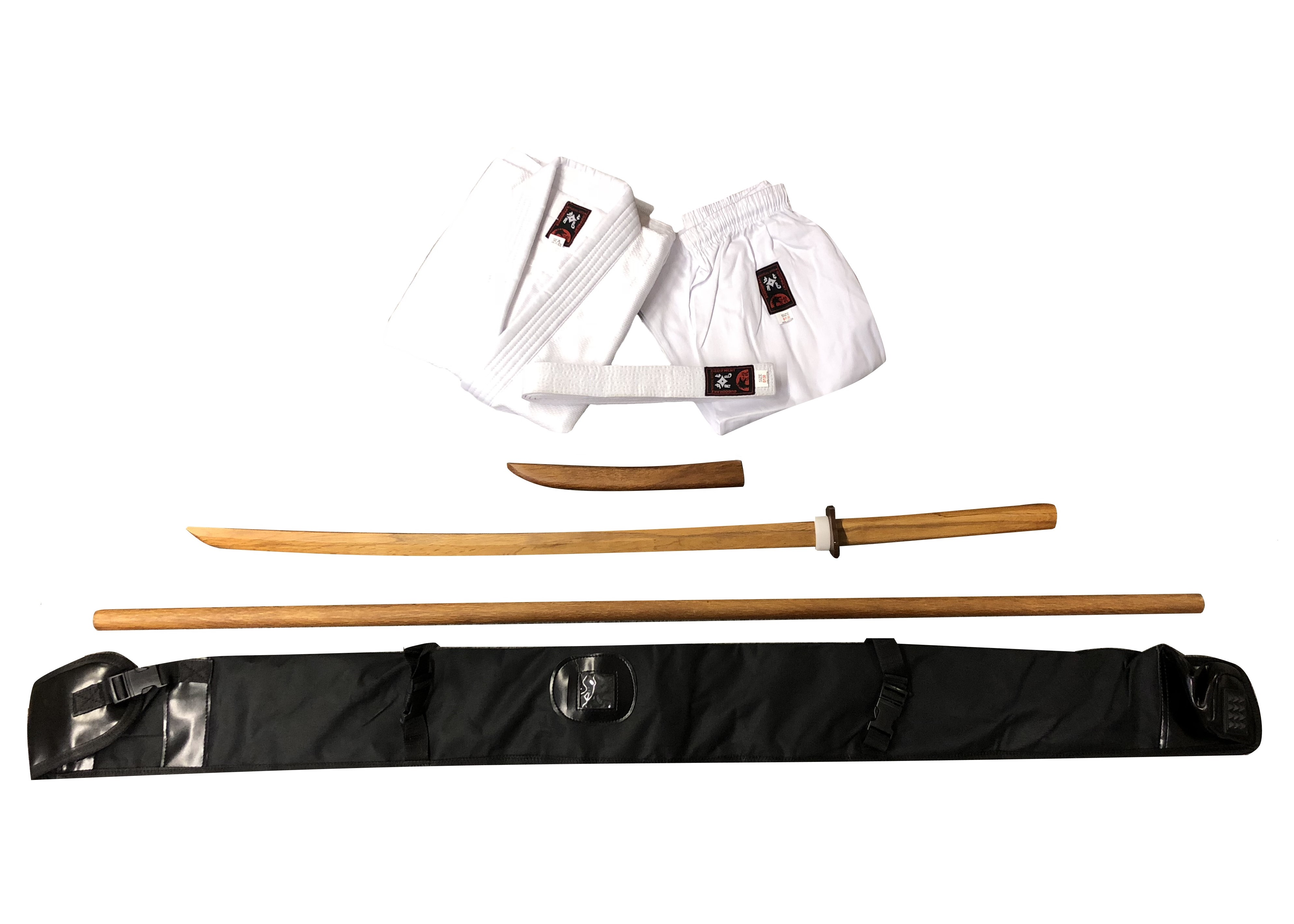 Aikido Set 7-teilig ROTEICHE (Aikidoanzug + Trainingswaffen + Tasche)