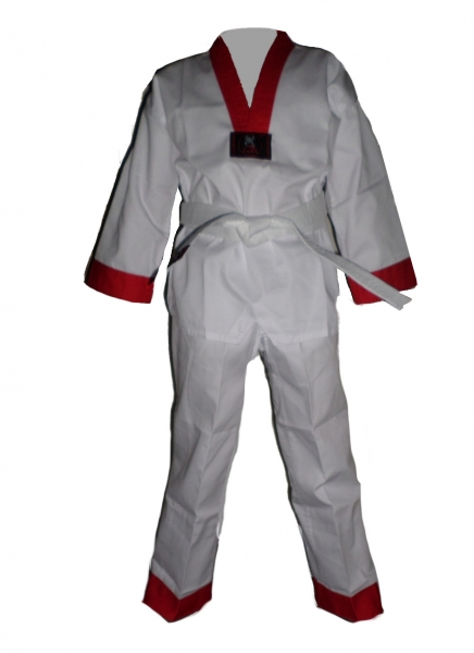Taekwondo Anzug Korea Junior, rotes Revers, rote Arm- und Beinabschlüsse