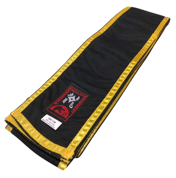 Großmeister Kung-Fu Schärpe Baumwolle schwarz mit gelbem Rand 300 x 10 cm