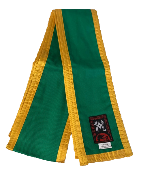 Großmeister Kung-Fu Schärpe Baumwolle grün mit goldenem Rand 300 x 10 cm