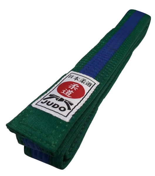 Judogürtel grün-blau Mittelstreifen mit Judo-Label